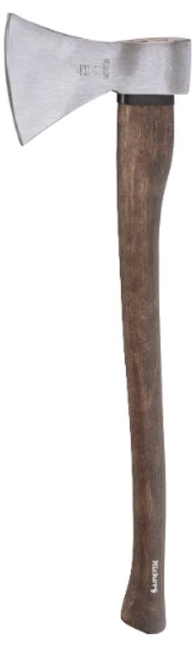 An axe with a wooden handle and a silver metal blade. It stands upright and is shown against a neutral background.