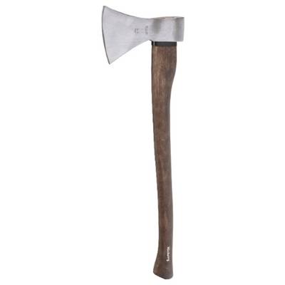 An axe with a wooden handle and a silver metal blade. It stands upright and is shown against a neutral background.