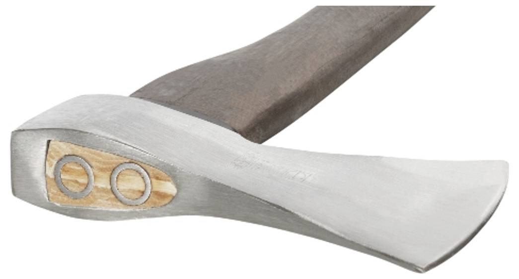 A silver axe with a wooden handle lies on its side, the blade pointing to the right. It has a curved, smooth head.