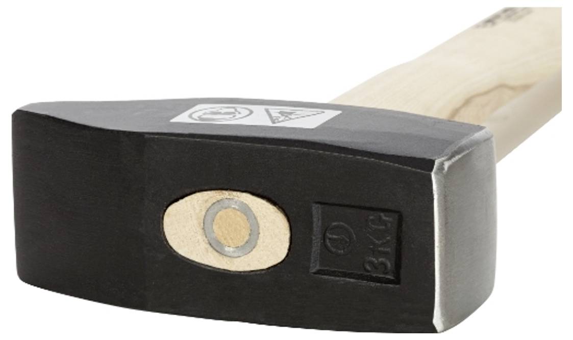 Sledgehammer with wooden handle and metal hammer head; suitable for heavy construction and demolition work.