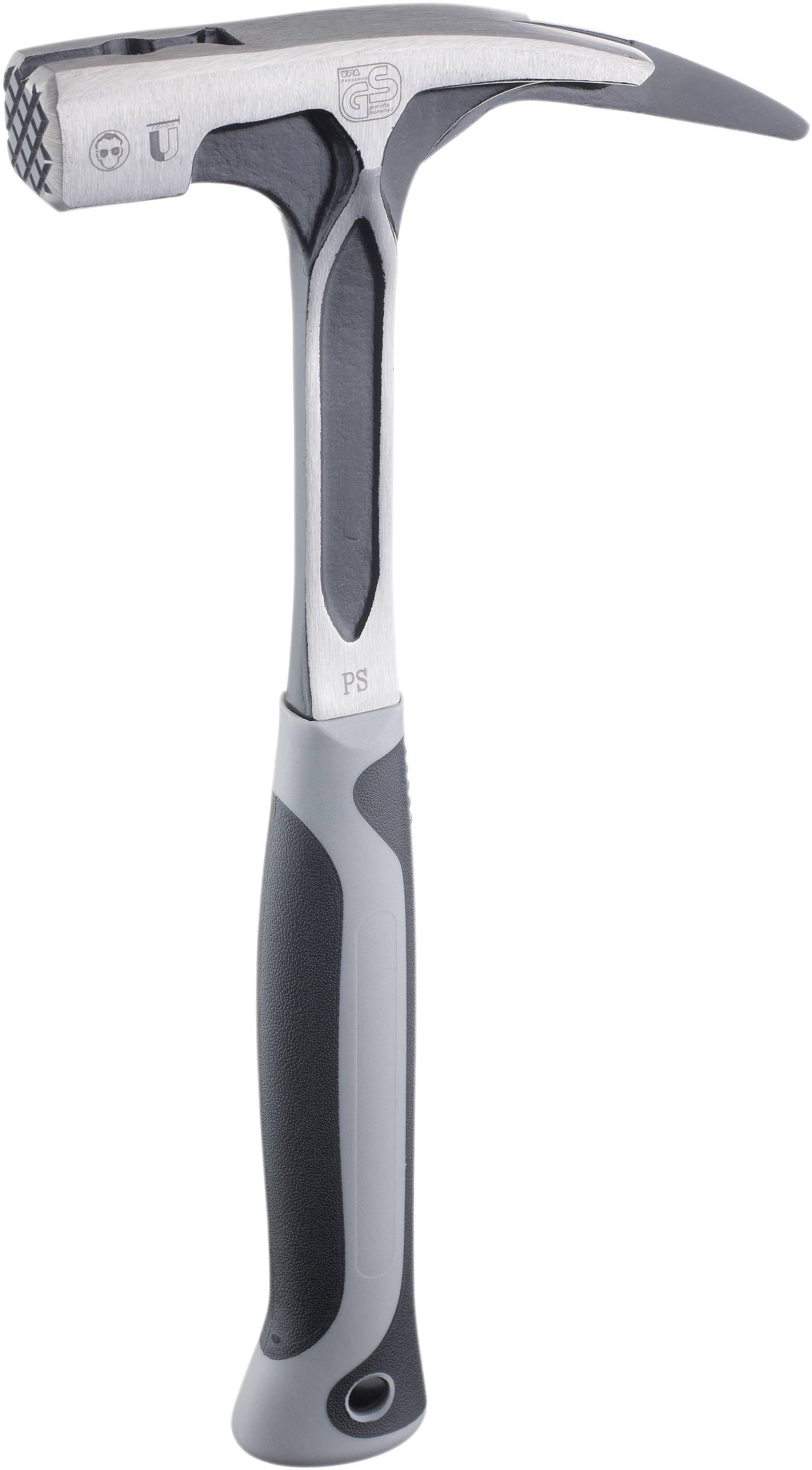 A silver and black hammer with an ergonomic handle.