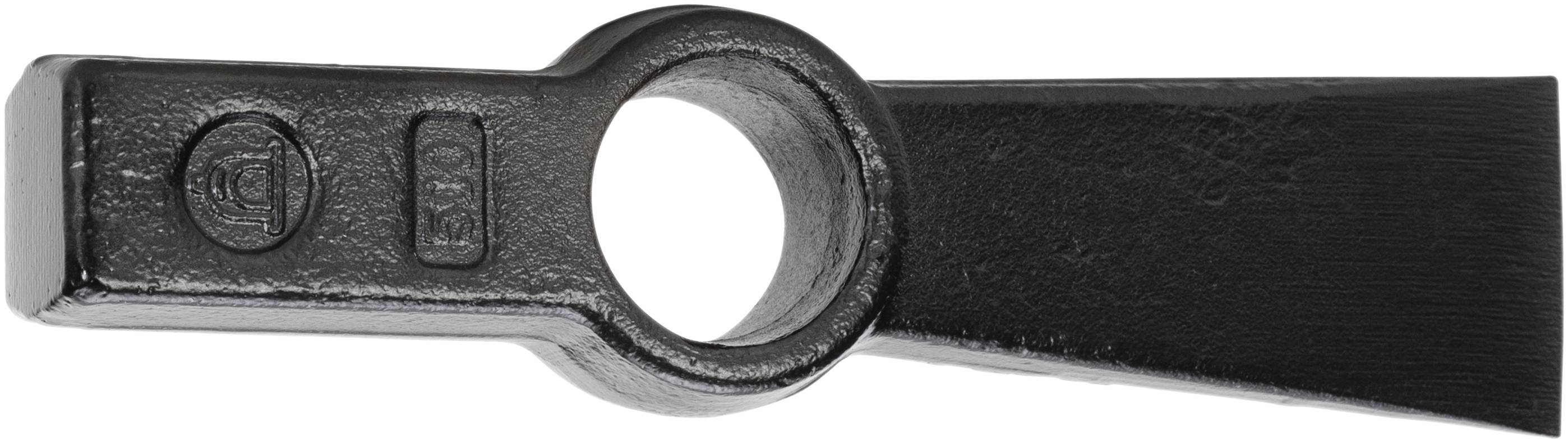 Metal splitter with a round hole and a flat, wide blade, used for woodworking or mining.