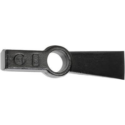Metal splitter with a round hole and a flat, wide blade, used for woodworking or mining.