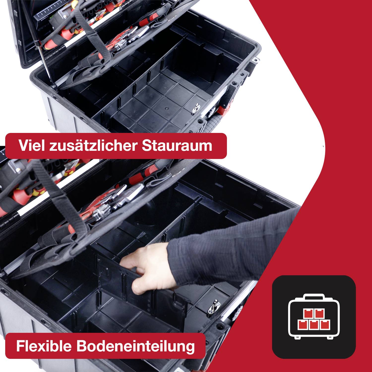 'Hand opens a tool case with variable base compartments and additional storage space. Text: Lots of extra storage space, Flexible base compartmentalisation.'