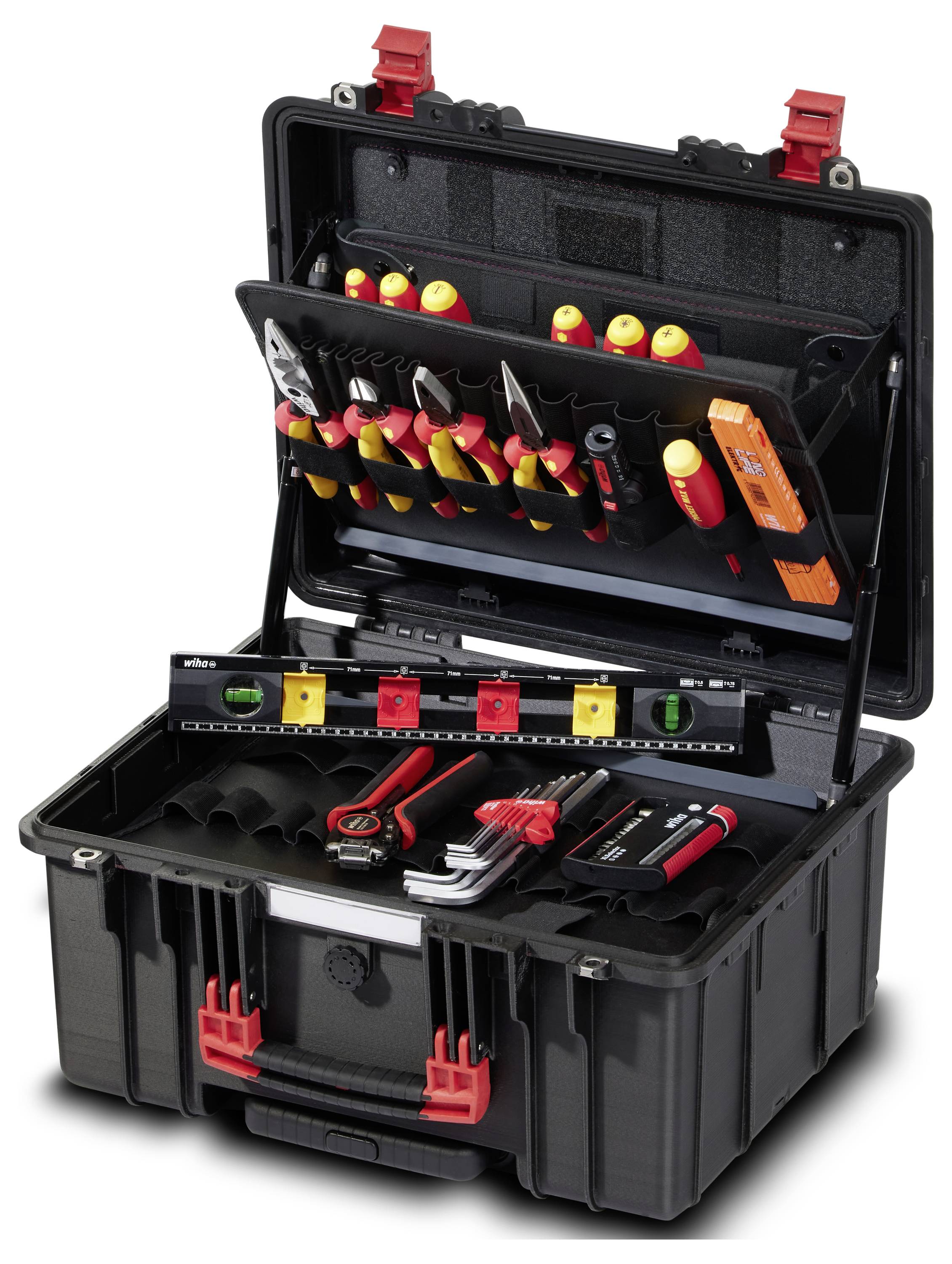 An open toolbox with various isolated tools such as pliers, screwdrivers and socket wrenches, organised in compartments.