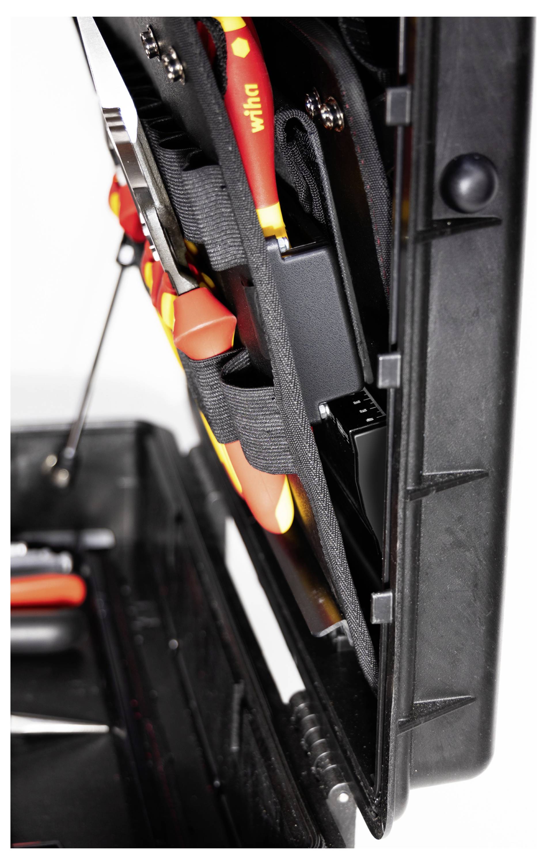 An opened toolbox with various tools such as screwdrivers and pliers secured in elastic loops.