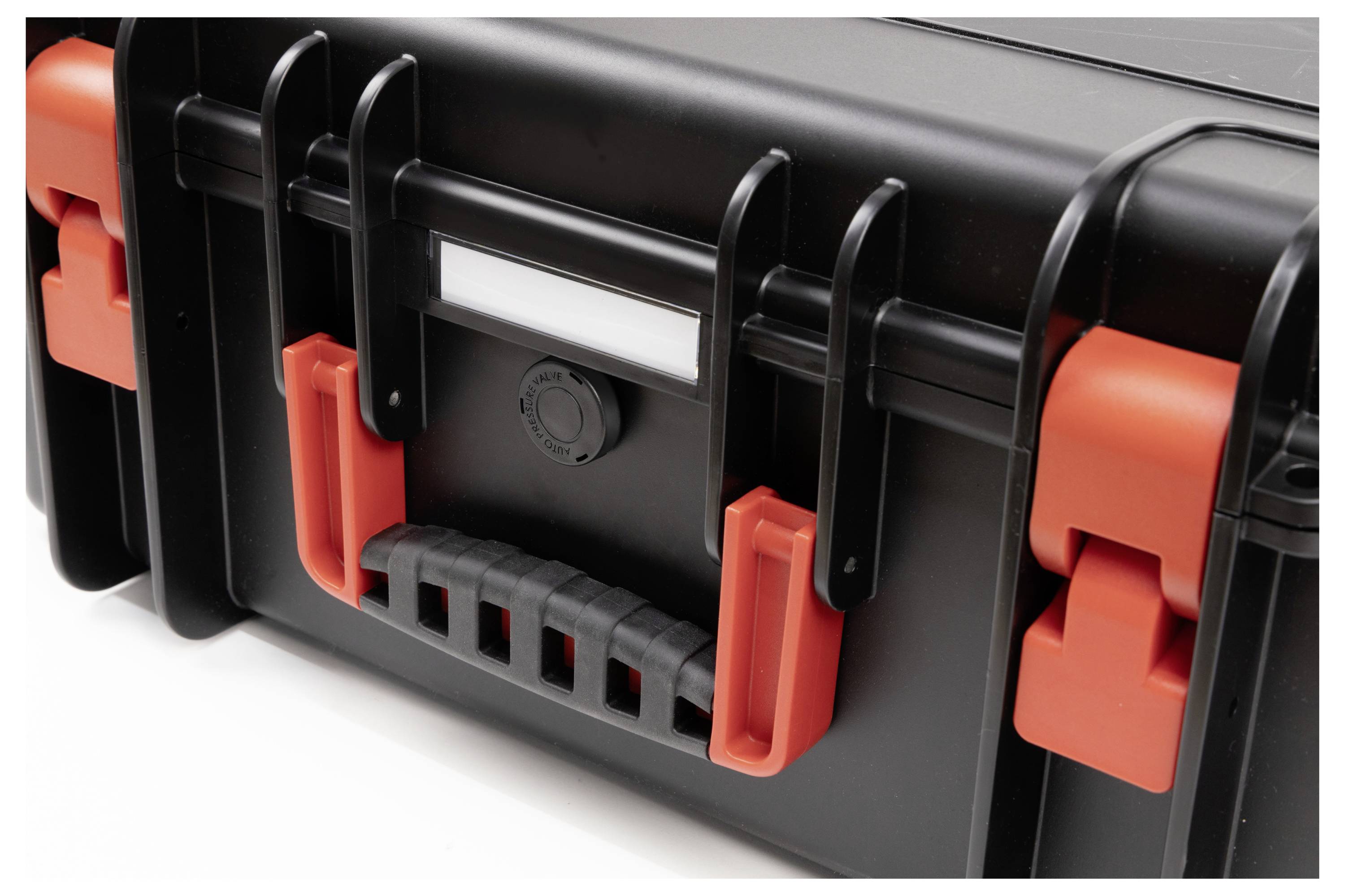 Black, robust tool case with orange fasteners and a handle, suitable for secure transportation.
