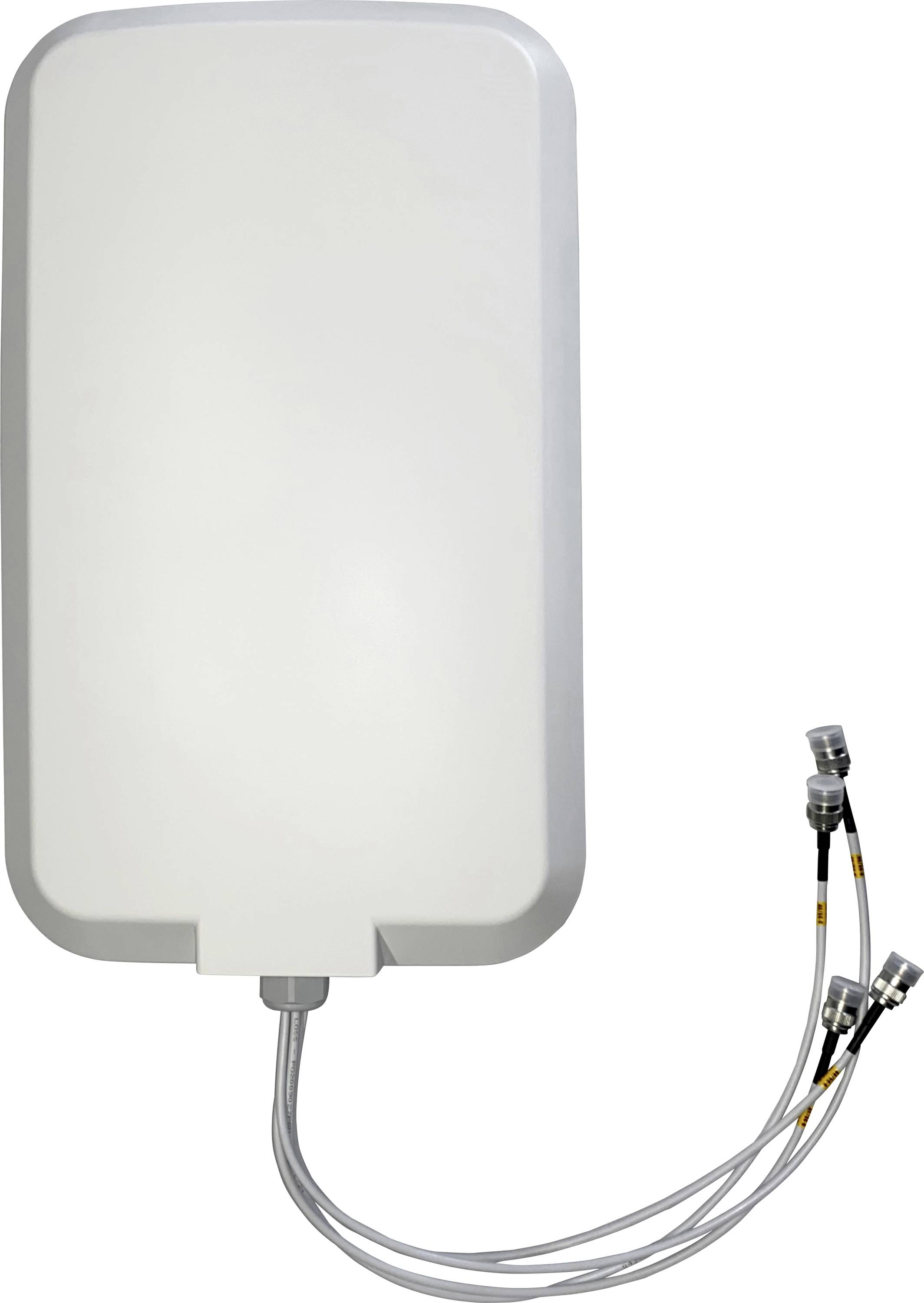 White rectangular antenna with rounded corners and three connected cables, used for technical or communication purposes.