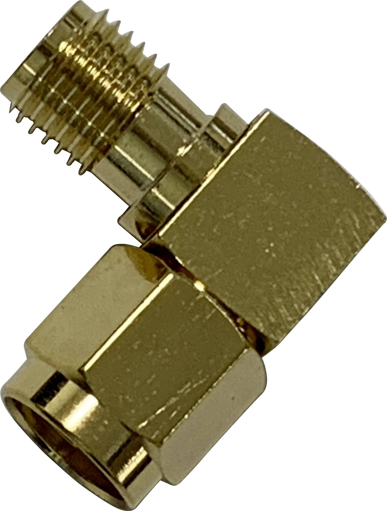 A golden metal adapter with two differently sized threaded connections, bent at a 90-degree angle.