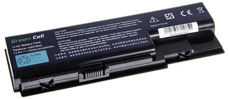 A black laptop battery with cautionary notices and technical details printed on it. Brand 'Green Cell', replacing 'AS07B72'.