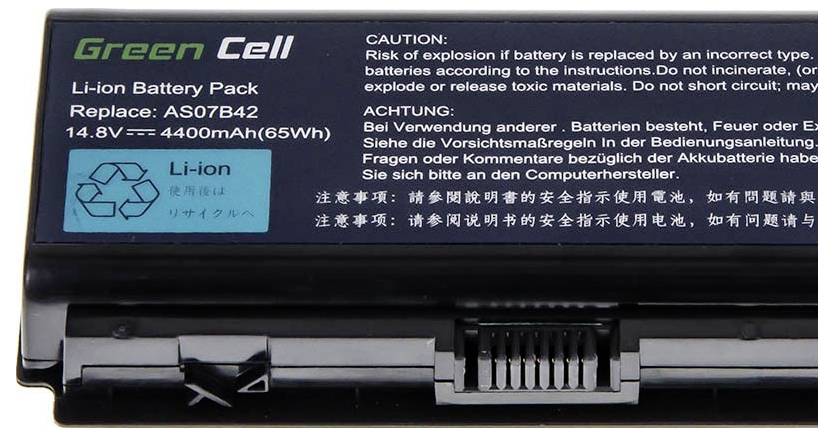 'Li-Ion battery by Green Cell, model AS07B42, 14.8V, 4400mAh (65Wh), with safety warnings and a blue Li-Ion label.'