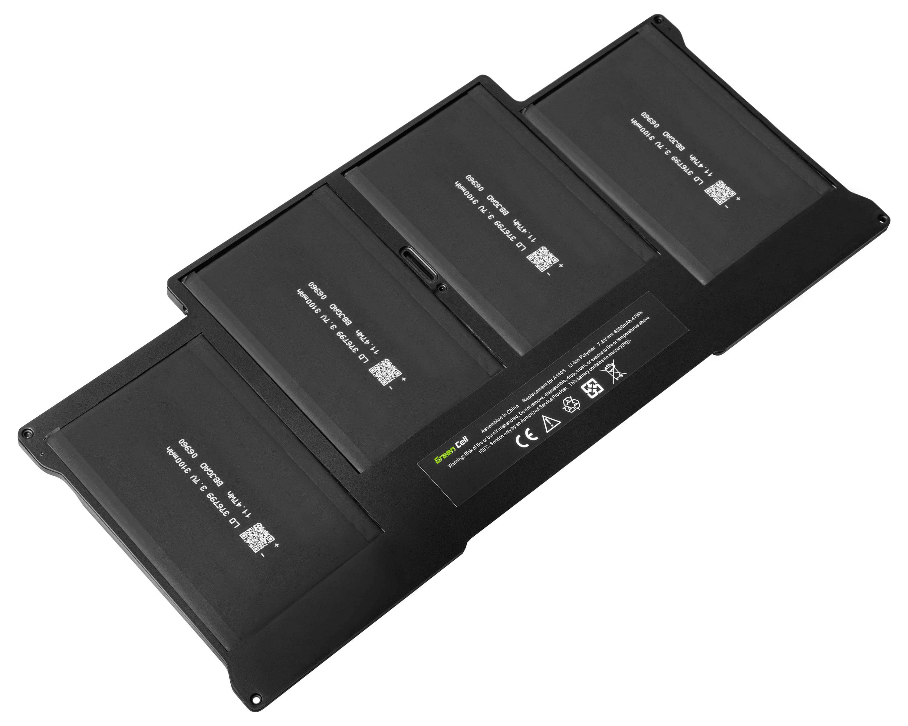 Laptop battery with four cells, black in colour, flat rectangular shape, white serial numbers and symbols printed.