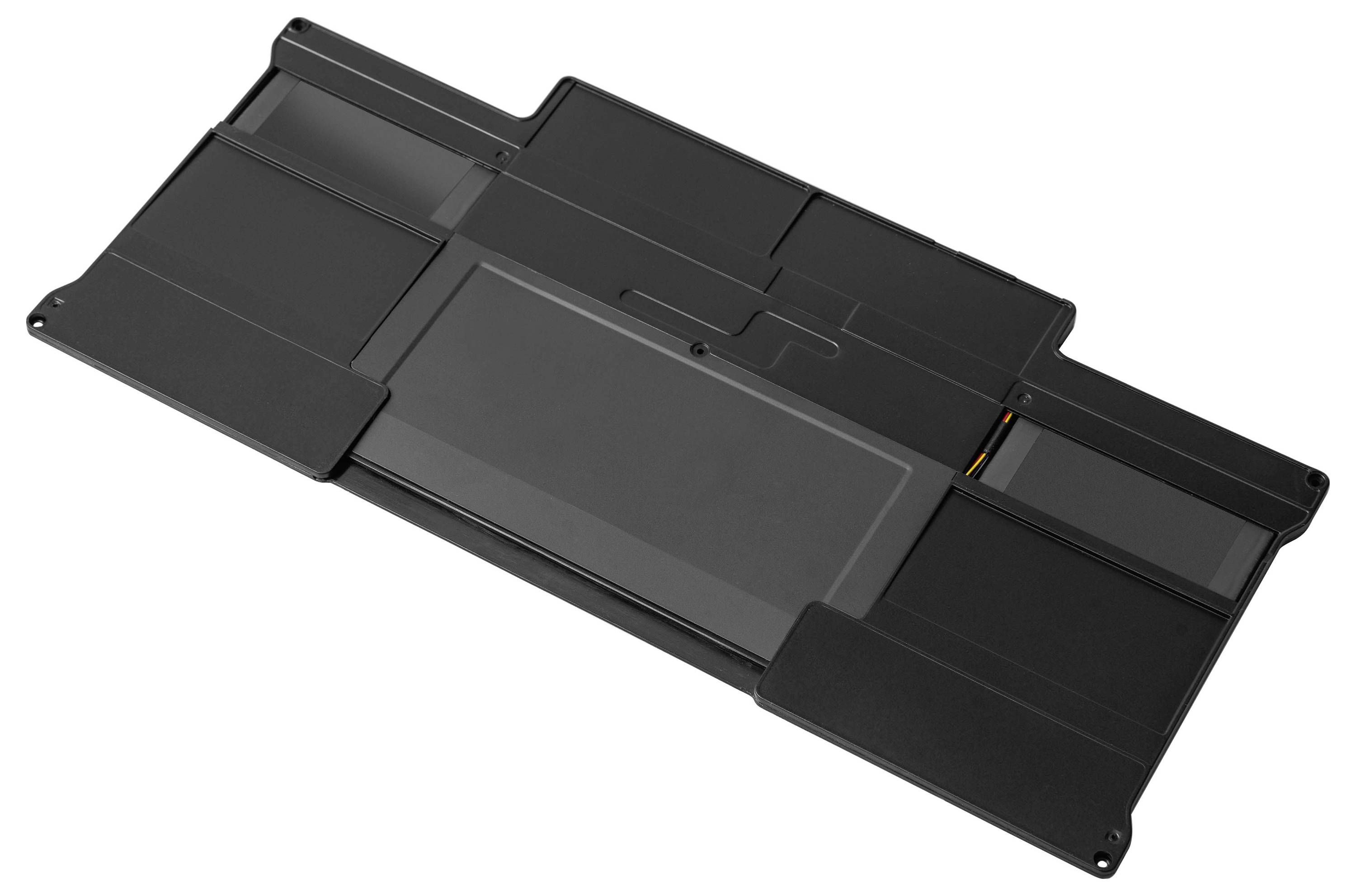 A rectangular, flat black laptop battery with visible connectors and segments.