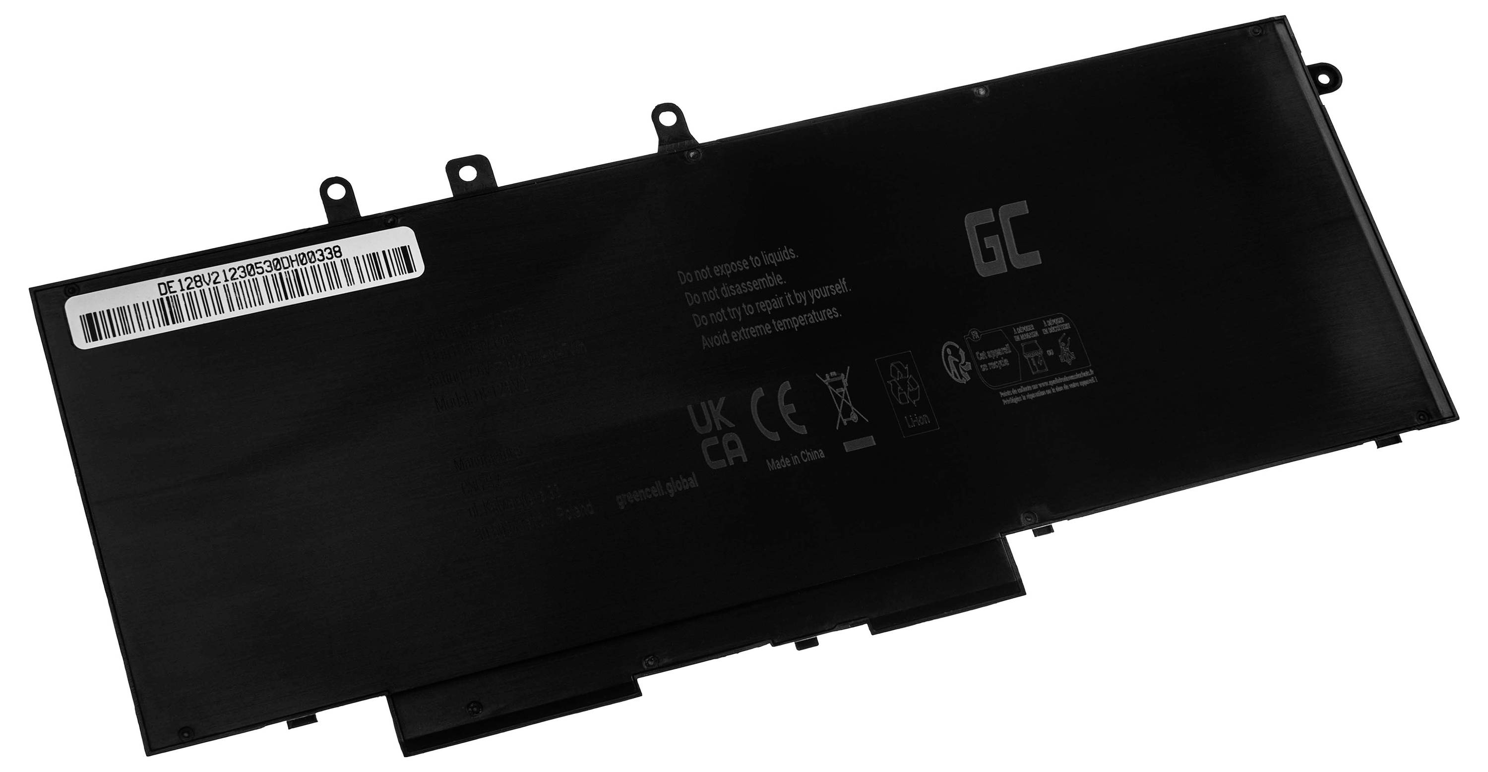 A black laptop battery with white labels and inscriptions. Contains brand logo and certification marks.