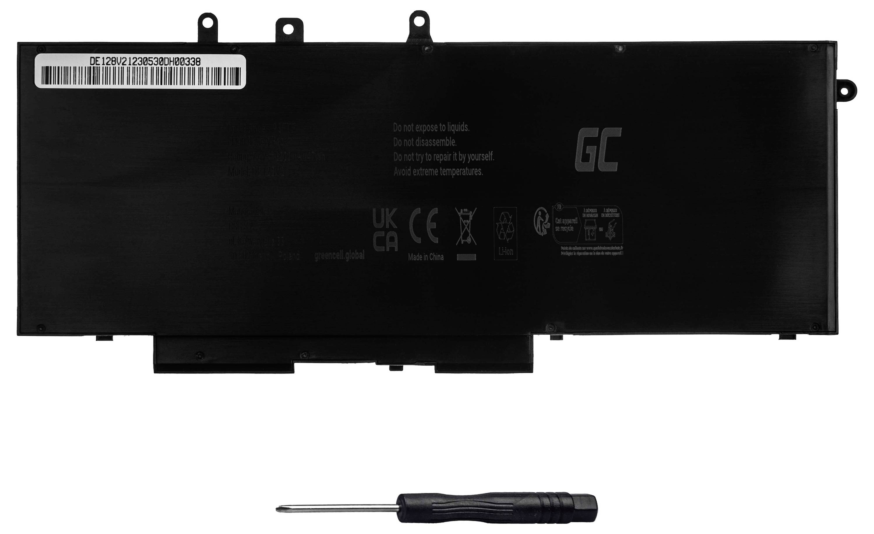 Black laptop battery from the GC brand with white technical specifications on the back. A screwdriver lies in front.