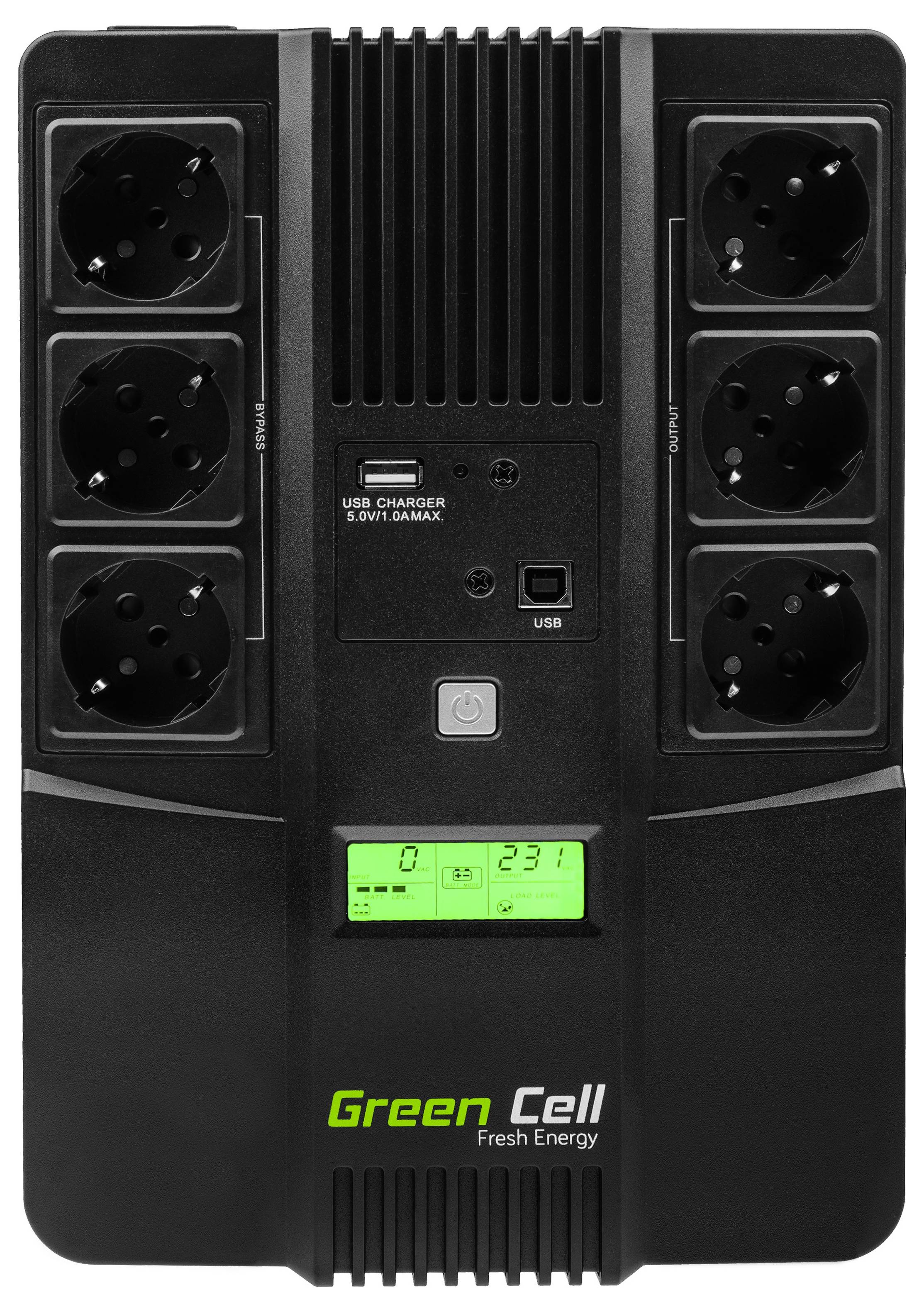 Black uninterruptible power supply (UPS) with six socket outlets, USB ports, and green LCD display, showing 23 degrees.