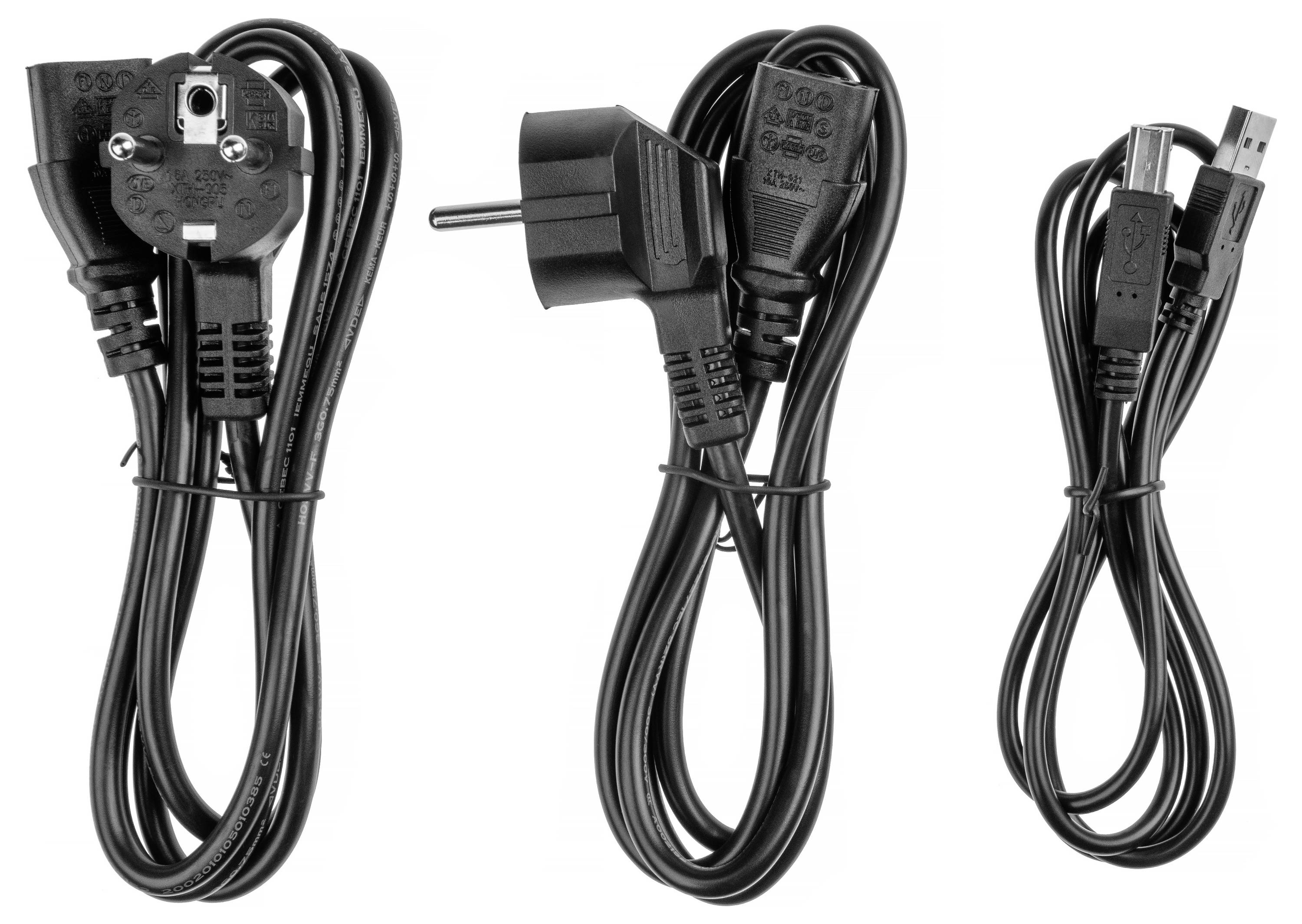 Three black network cables with different plug types (EU and USB), each bundled with a cable tie.
