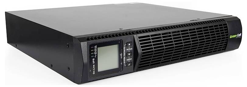 A black rack-mount uninterruptible power supply (UPS) device with a display and control buttons on the front. Suitable for securing IT systems.