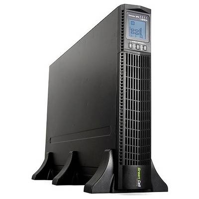'Uninterruptible power supply (UPS) in black with LCD display showing data. Standing upright with three stable supports.'