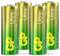 Four green GP Alkaline batteries with yellow details are positioned side by side, with the word 'Ultra' printed vertically.