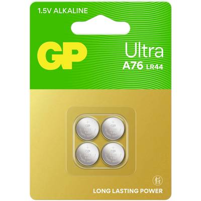 Packaging containing four GP Ultra+ A76 1.5V alkaline button cells, promoted as 'LONG LASTING POWER'.