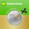 'Child-safe packaging' and 'Protects children' are highlighted. An image of GP Ultra Lithium Battery is centred. Scissors symbol on the right.
