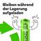 A battery with smiling arms shows joy. Text: 'Remain charged during storage'. A green recycling arrow.