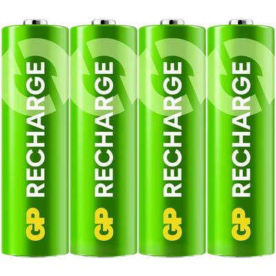 Four green rechargeable batteries with the inscription 'GP RECHARGE' in white, arranged side by side.