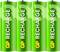 Four green rechargeable batteries with the inscription 'GP RECHARGE' in white, arranged side by side.