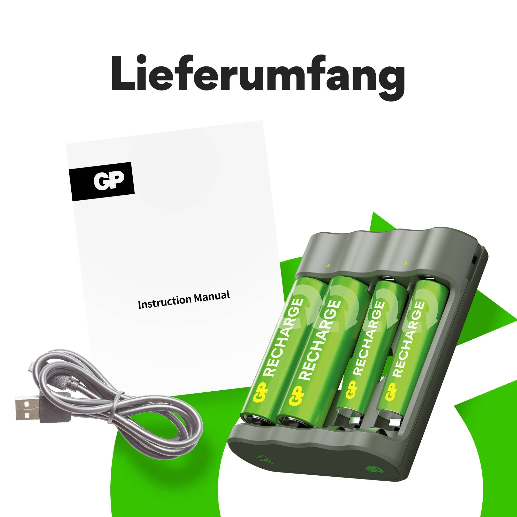 Battery charger with four rechargeable batteries, USB cable and instruction manual next to the label 'Contents of package'.