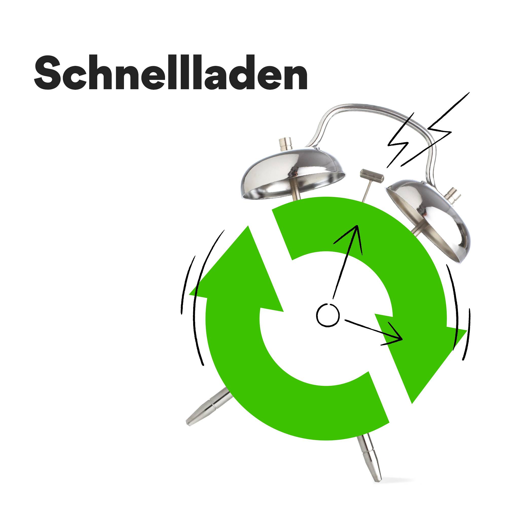 An alarm clock with a green recycling symbol above it, next to the word 'Quick Charging', symbolises rapid charging or recycling.