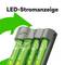 Charger with four green rechargeable batteries, with a green LED indicator showing the battery charging process.