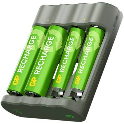 Four green, rechargeable batteries are located in a charger. The batteries are marked with 'RECHARGE' and a recycling symbol.