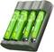 Four green, rechargeable batteries are located in a charger. The batteries are marked with 'RECHARGE' and a recycling symbol.