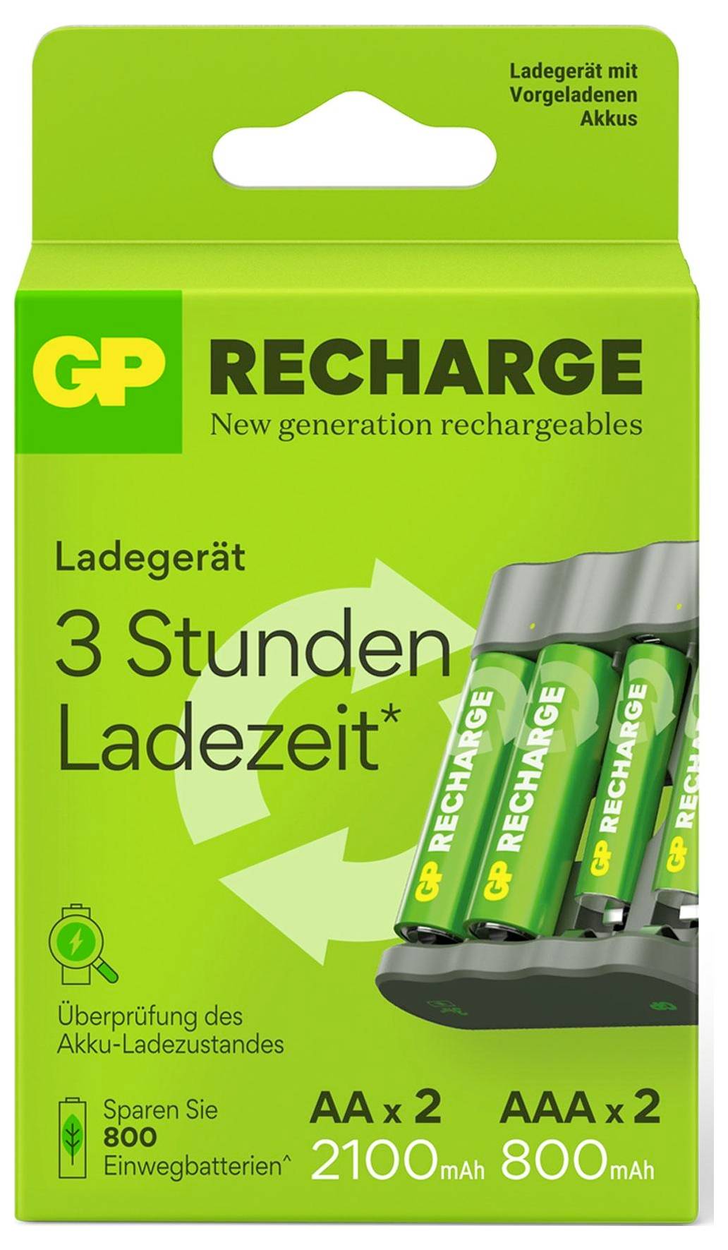 Packaging for a GP RECHARGE charger, 3-hour charging time. Charges 2 AA or AAA batteries with 2,100 or 800 mAh capacity.