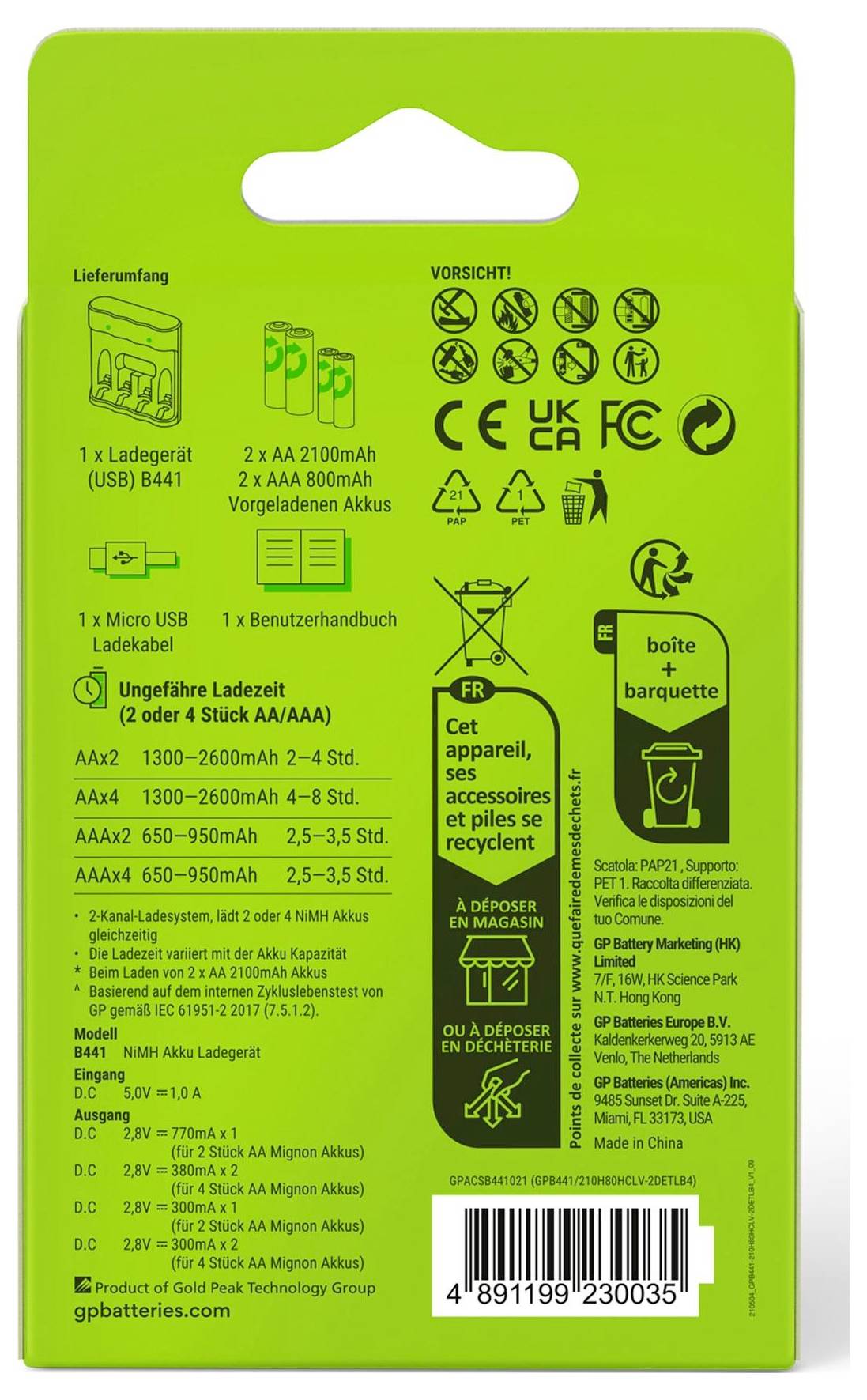 'Battery Charger Product Specifications: Includes charger, 2 AA 2100mAh batteries, 2 AAA 800mAh batteries. Charging times 2-4 hours.'