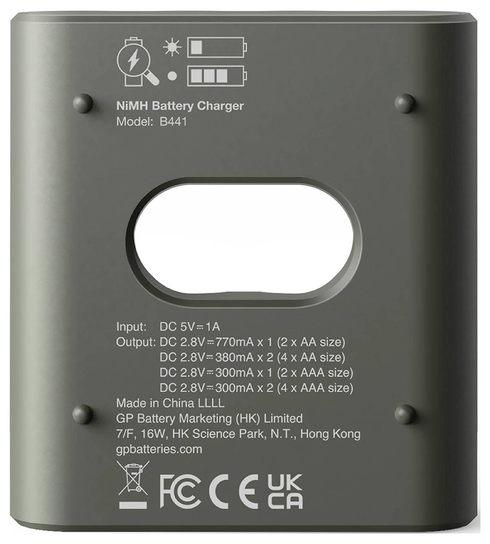 'NiMH Battery Charger, Model B441. Inputs: DC 5V=1A. Outputs: 2-pack - 770mA x 1; 4-pack - 380mA x 2, 300mA x 4. Manufacturer: GP Battery Marketing (HK) Limited, Hong Kong.'