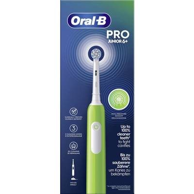 Electric toothbrush by Oral-B, PRO Junior 6+, green, with pressure control and three brushing modes, suitable for children aged 6 and above.