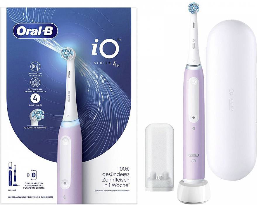 Oral-B iO Series 4N electric toothbrush with a circular brush head, featuring smart modes, a travel case, and packaging.