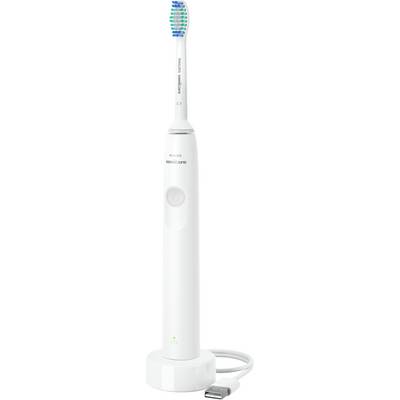 Electric toothbrush with white handle, blue and white bristles, and charging station.
