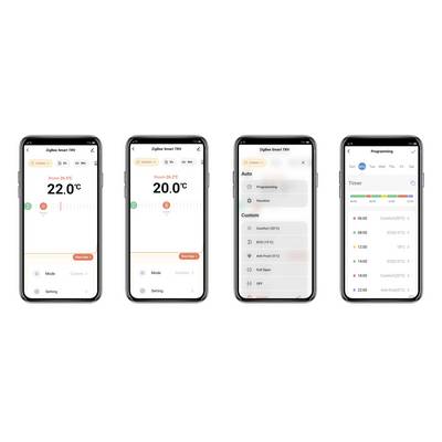 Four smartphone screens display a heating control app. It shows room temperatures of 22.0°C and 20.0°C, modes and timer settings.