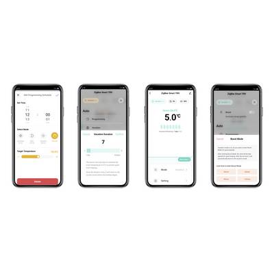 Four smartphone screens display a heating control app. Functions: Schedule, holiday duration, temperature adjustment, and boost mode.