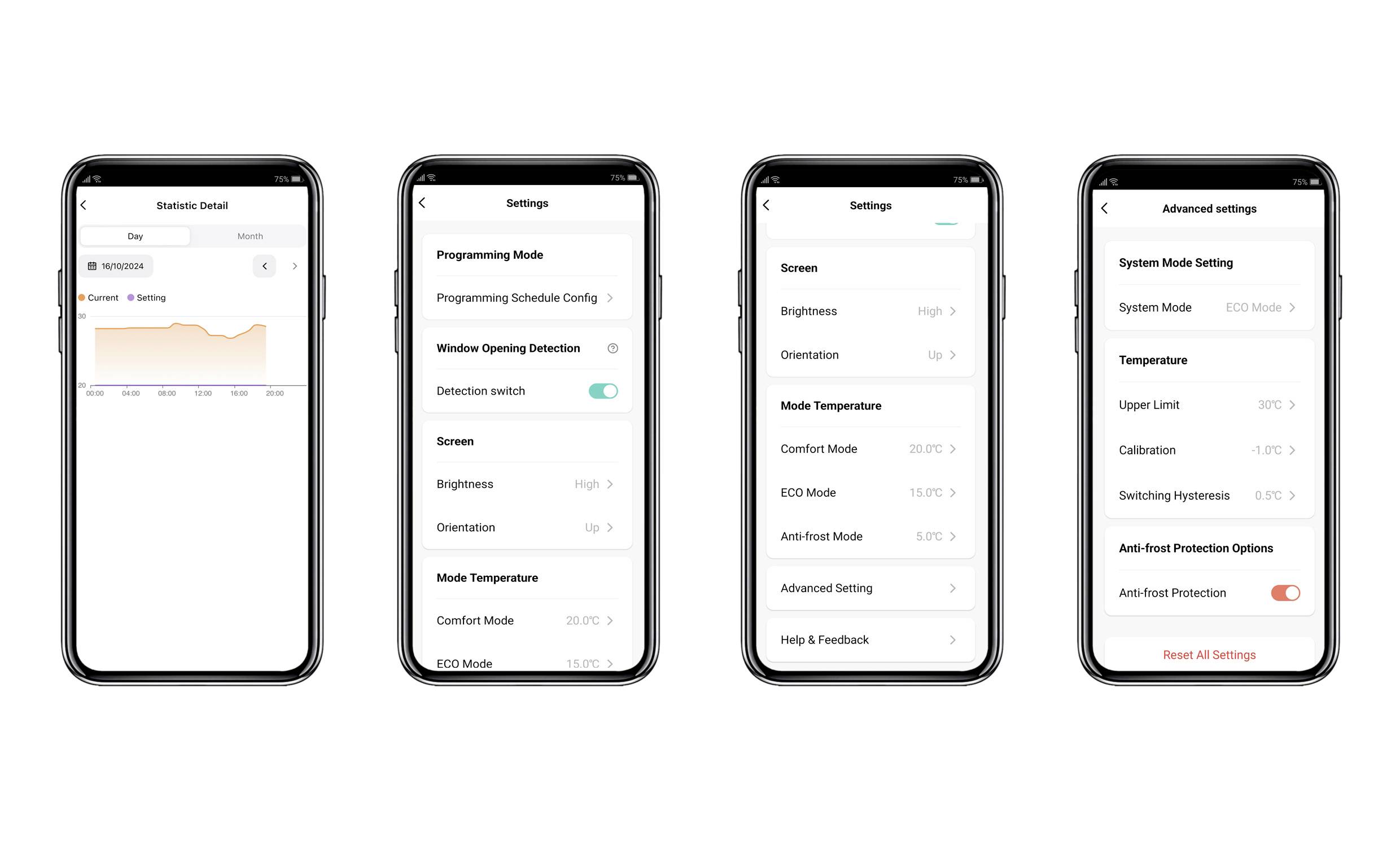 Four smartphone screens display a heating control app. Details include statistics, temperature settings, and advanced options.
