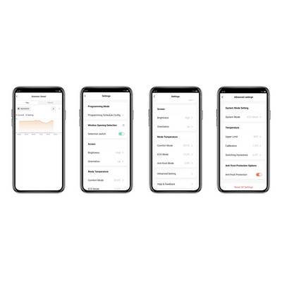 Four smartphone screens display a heating control app. Details include statistics, temperature settings, and advanced options.