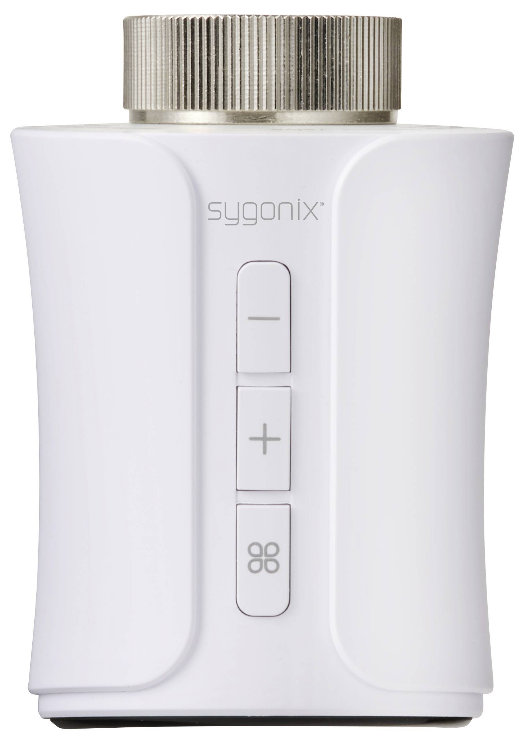A white electric radiator thermostat with three buttons ('-', '+', thermostat mode). At the top, there is a ridged rotary lock.
