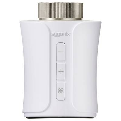 A white electric radiator thermostat with three buttons ('-', '+', thermostat mode). At the top, there is a ridged rotary lock.