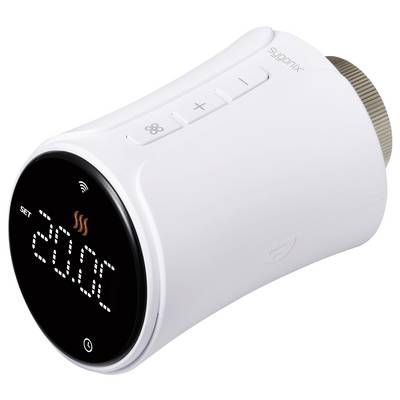 Electronic radiator thermostat in white with a digital display showing 'SET' and '20.0°C'. Buttons for temperature control visible.