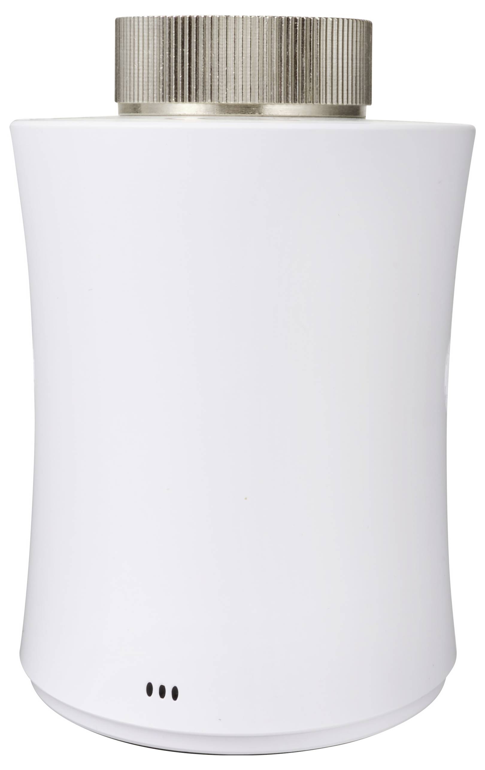 A white, cylindrical container with a ridged, metallic lid.
