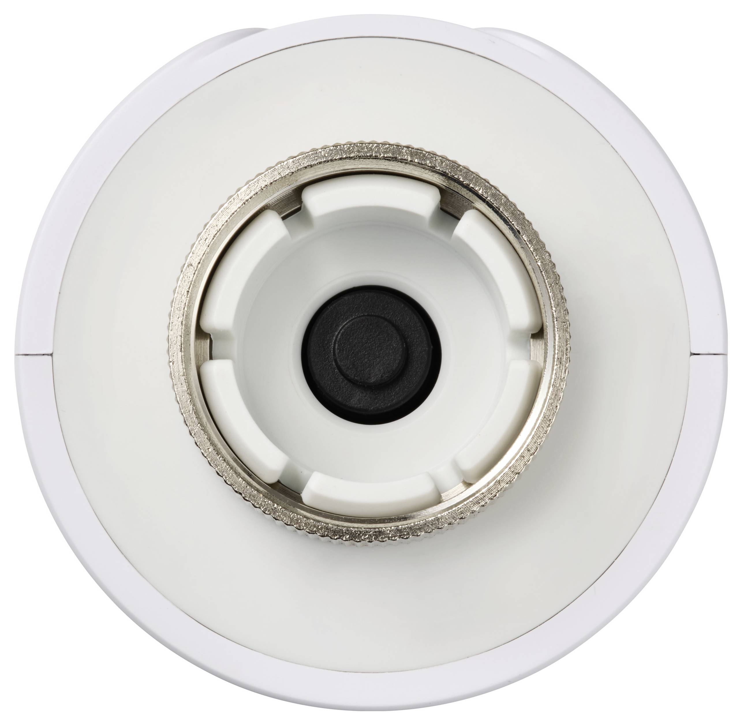 Top-down view of a white lamp socket or base with a central black contact point, surrounded by a metal thread.