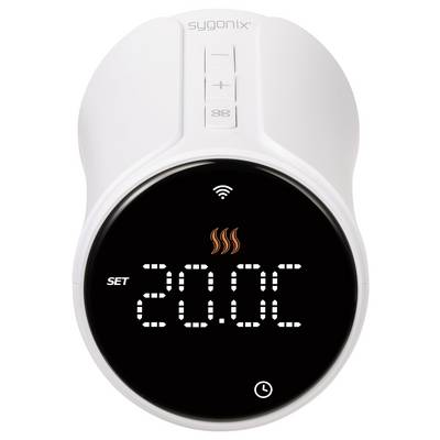 Digital thermostat in white, displaying a setting of 20°C. Control buttons are located at the top, with the heating symbol underneath.